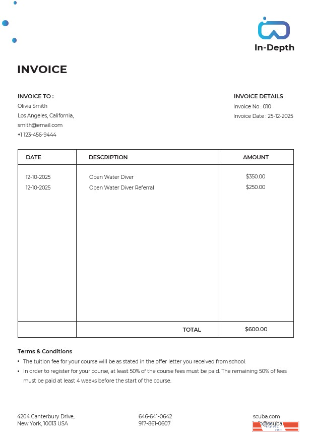 Scuba Diving School Invoice Template PSD template